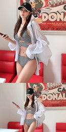 Biquíni Feminino de Cintura Alta Sensual com Efeito Modelador, Xadrez Franzido, Peças Separadas, Térmico, para Férias e Resort
