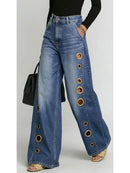 Calça Jeans Feminina Missuoo Azul Lavado de Cintura Alta com Ilhós Metálicos e Perna Larga 2026 - Calça Casual Solta Estilo Streetwear