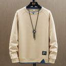 2026 New Mens Casual Sweatshirts Harajuku Solid Color Fashion Fake Two Pieces O-Neck Sweatshirt Hoodies Hip Hop Male Streetwear